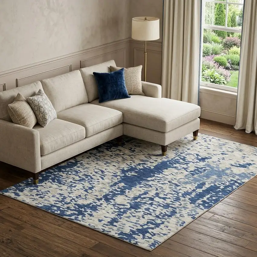 Navy Blue And Ivory Abstract Washable Area Rug With UV Protection Photo 1