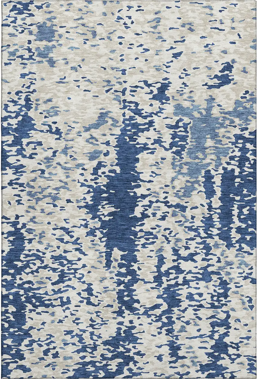 Navy Blue And Ivory Abstract Washable Area Rug With UV Protection Photo 1