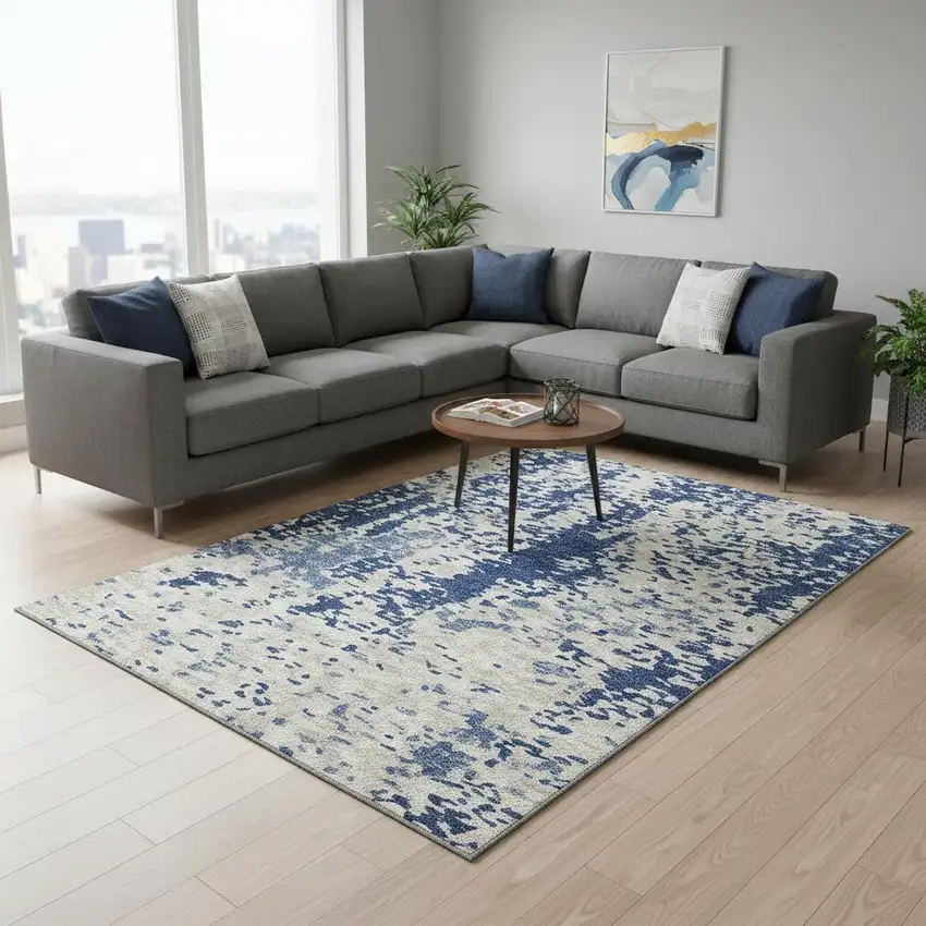 Navy Blue And Ivory Abstract Washable Area Rug With UV Protection Photo 2