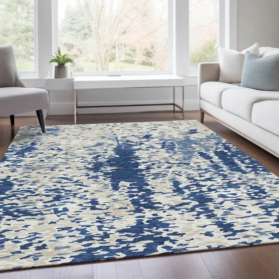 Navy Blue And Ivory Abstract Washable Area Rug With UV Protection Photo 4