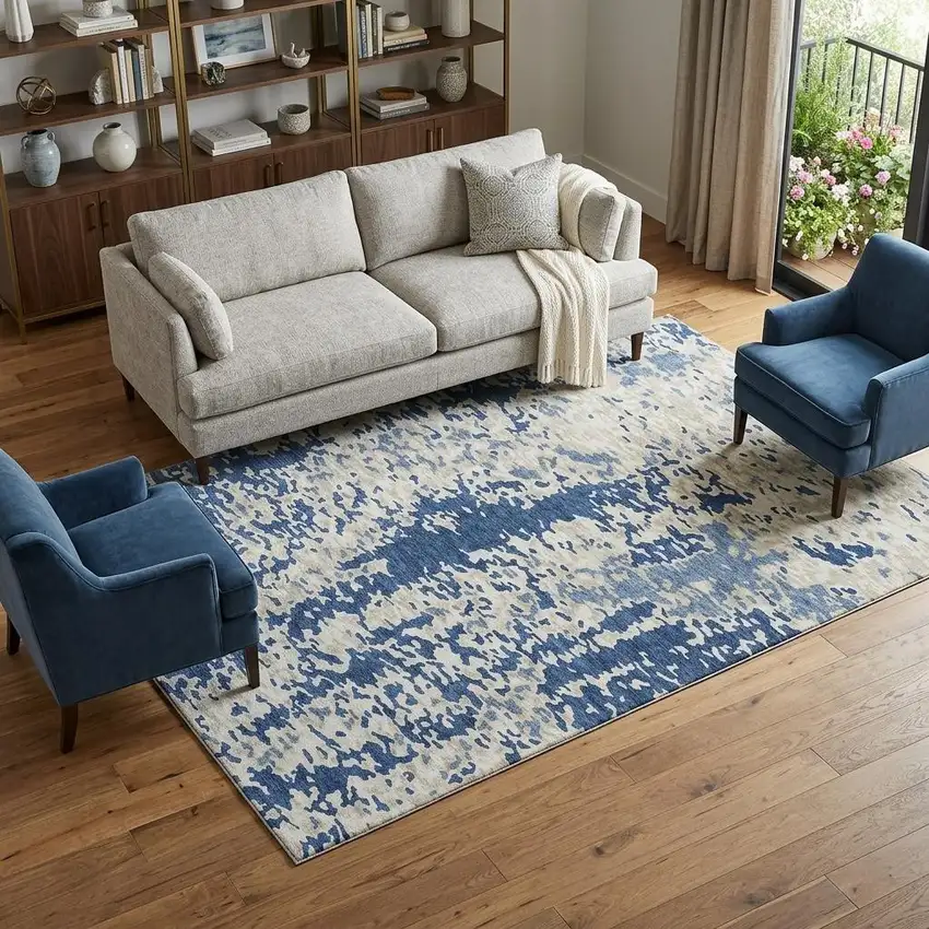 Navy Blue And Ivory Abstract Washable Area Rug With UV Protection Photo 1