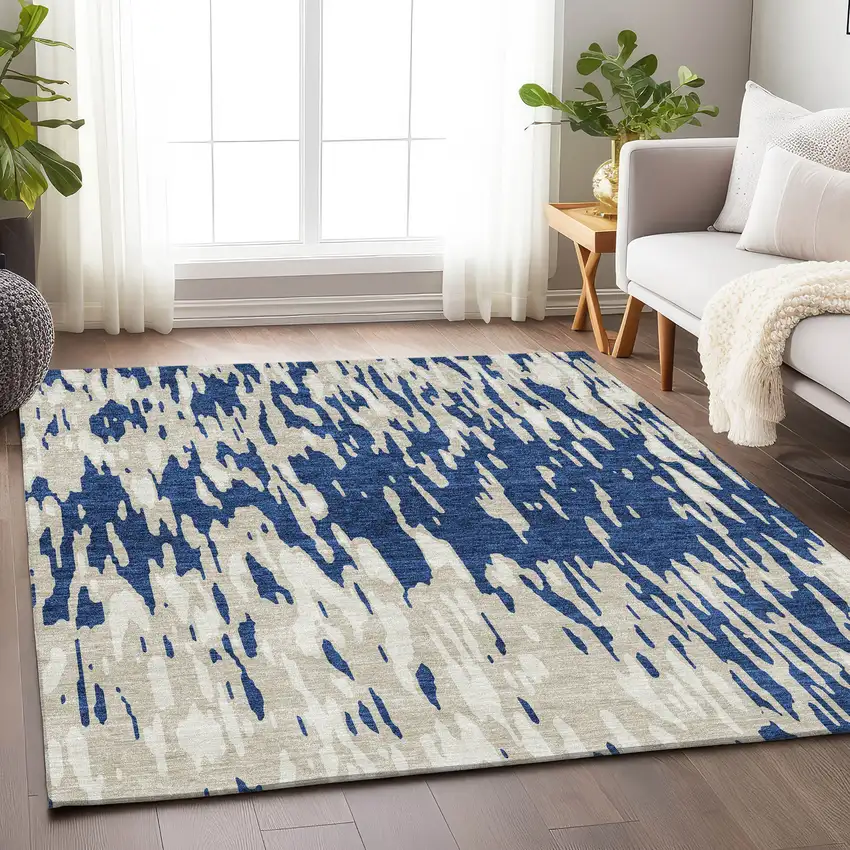 Navy Blue And Ivory Abstract Washable Area Rug With UV Protection Photo 4