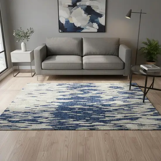 Navy Blue And Ivory Abstract Washable Area Rug With UV Protection Photo 2