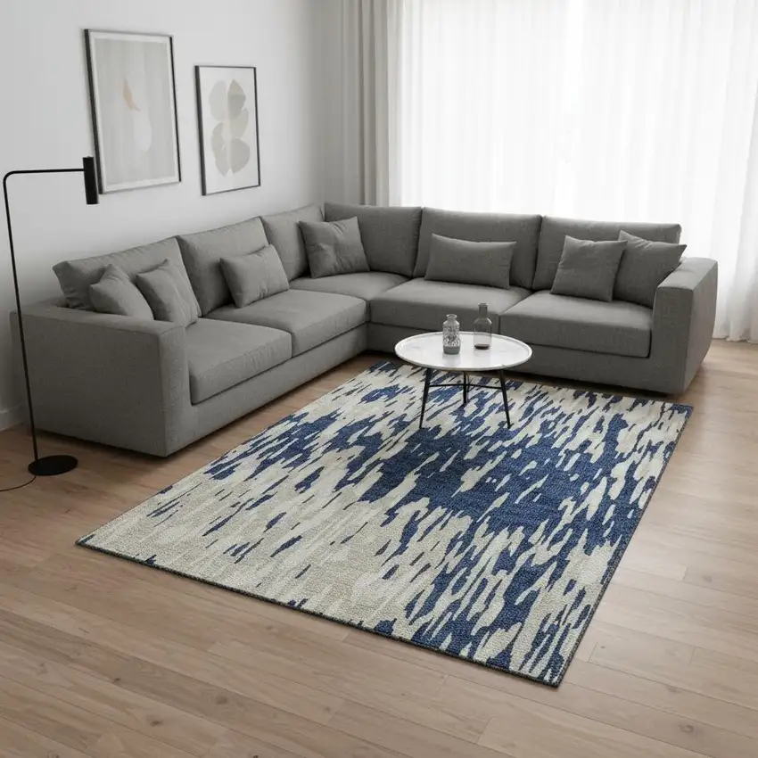 Navy Blue And Ivory Abstract Washable Area Rug With UV Protection Photo 2