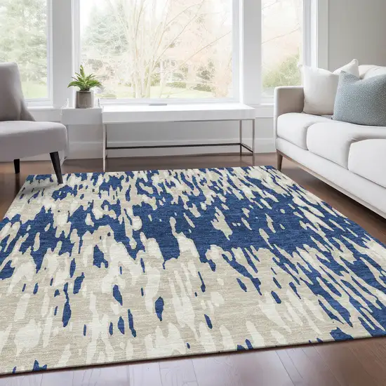 Navy Blue And Ivory Abstract Washable Area Rug With UV Protection Photo 4
