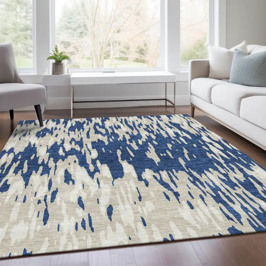 Navy Blue And Ivory Abstract Washable Area Rug With UV Protection Photo 4