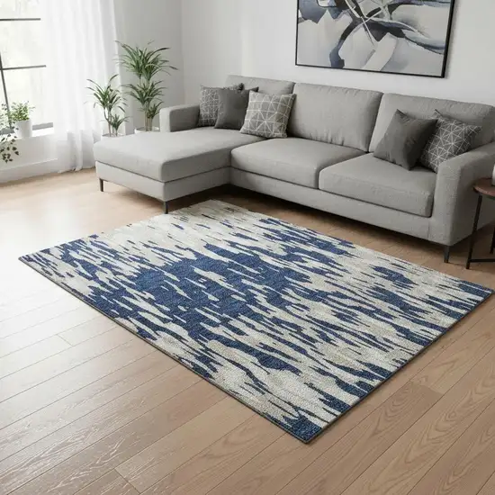 Navy Blue And Ivory Abstract Washable Area Rug With UV Protection Photo 2