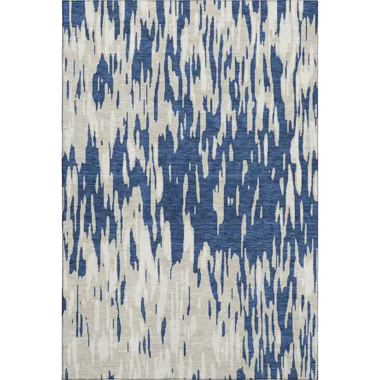 Navy Blue And Ivory Abstract Washable Area Rug With UV Protection Photo 1