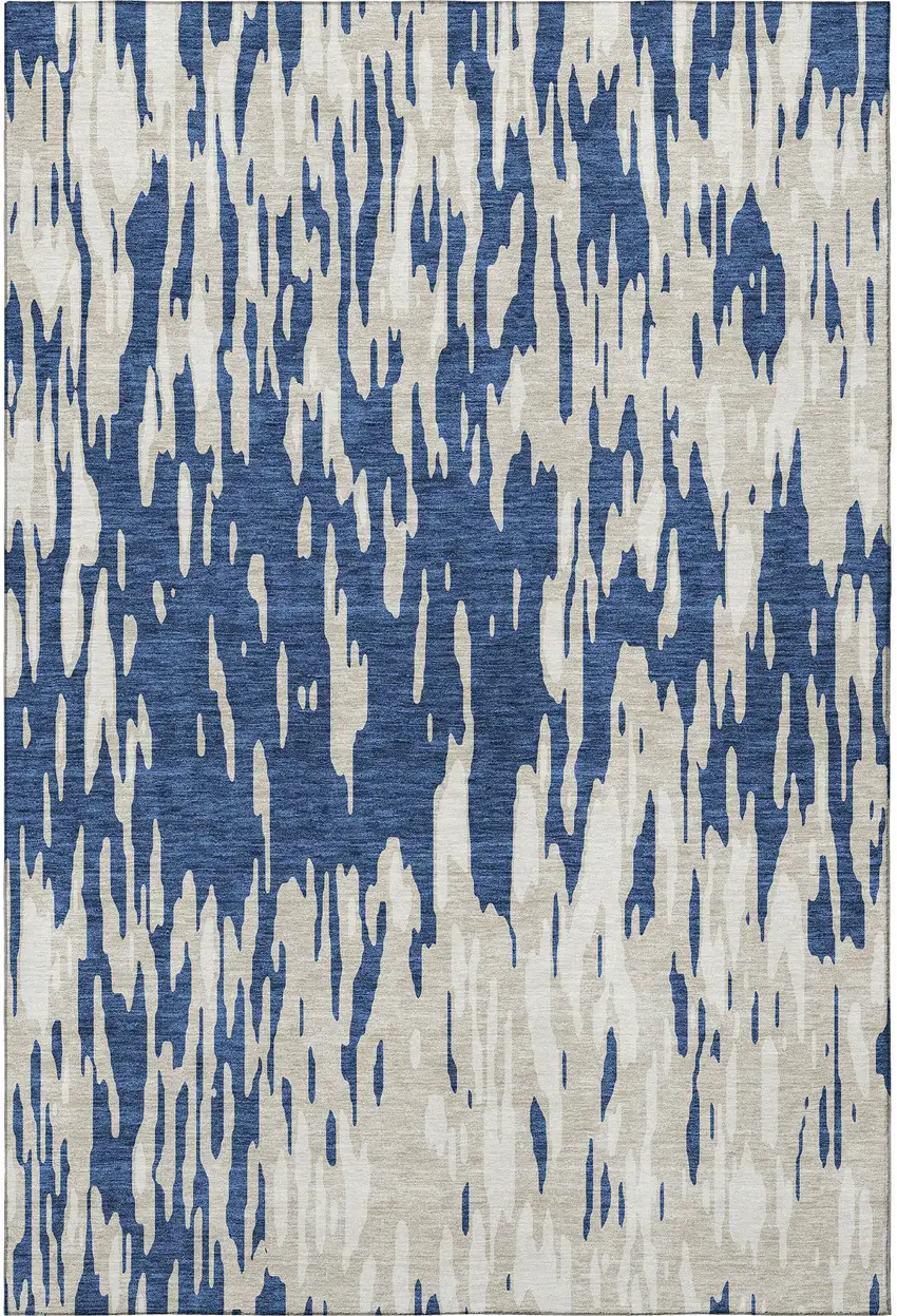 Navy Blue And Ivory Abstract Washable Area Rug With UV Protection Photo 2