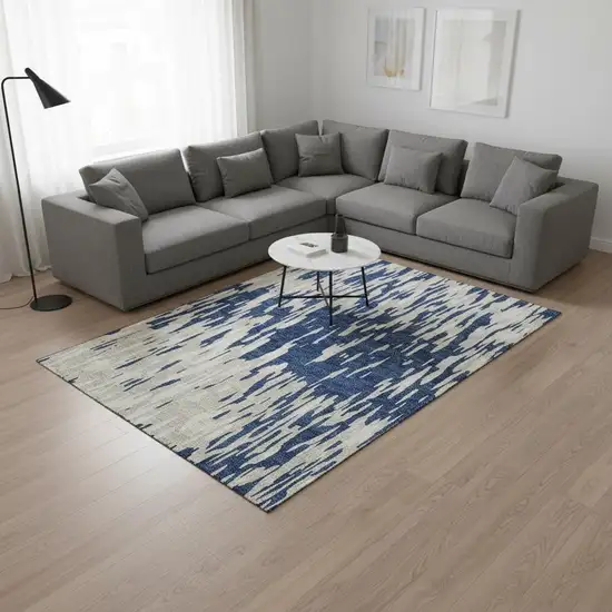 Navy Blue And Ivory Abstract Washable Area Rug With UV Protection Photo 2