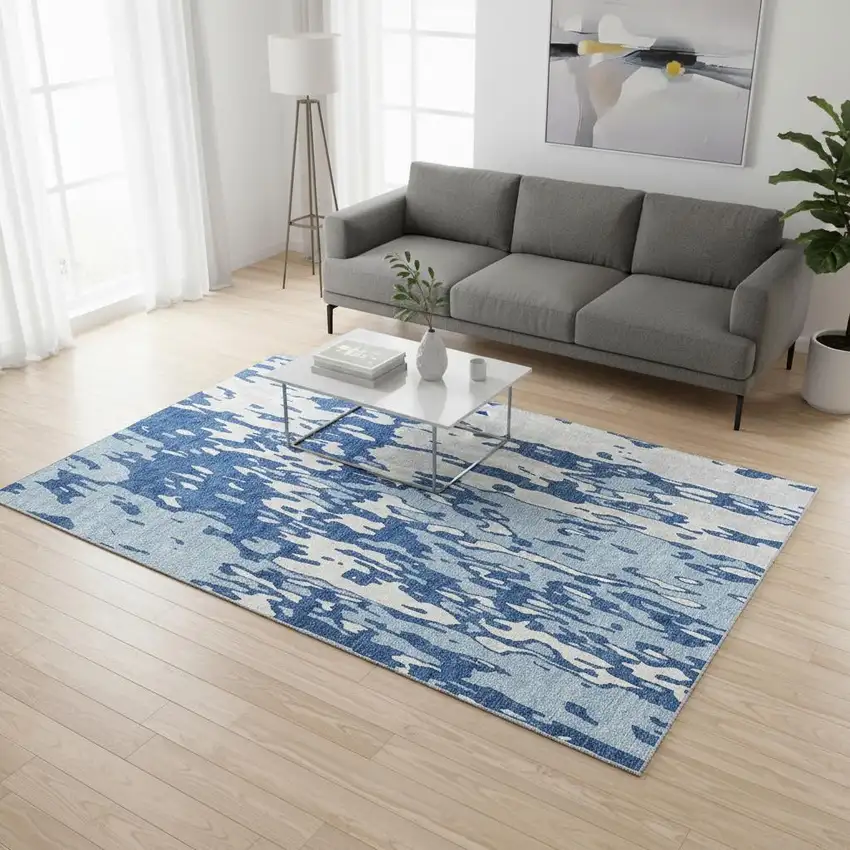 Navy Blue And Ivory Abstract Washable Area Rug With UV Protection Photo 2