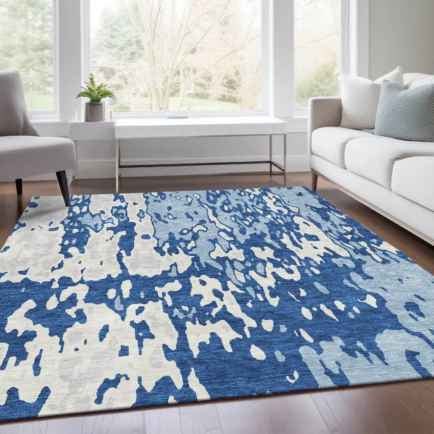 Navy Blue And Ivory Abstract Washable Area Rug With UV Protection Photo 5
