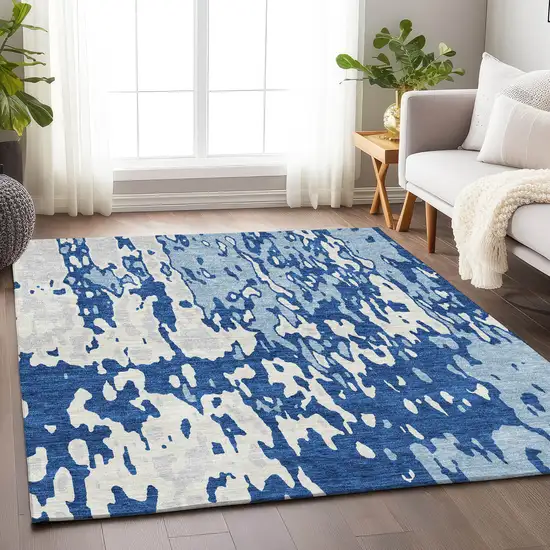 Navy Blue And Ivory Abstract Washable Area Rug With UV Protection Photo 4