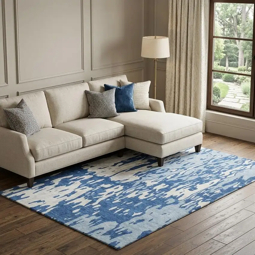 Navy Blue And Ivory Abstract Washable Area Rug With UV Protection Photo 1