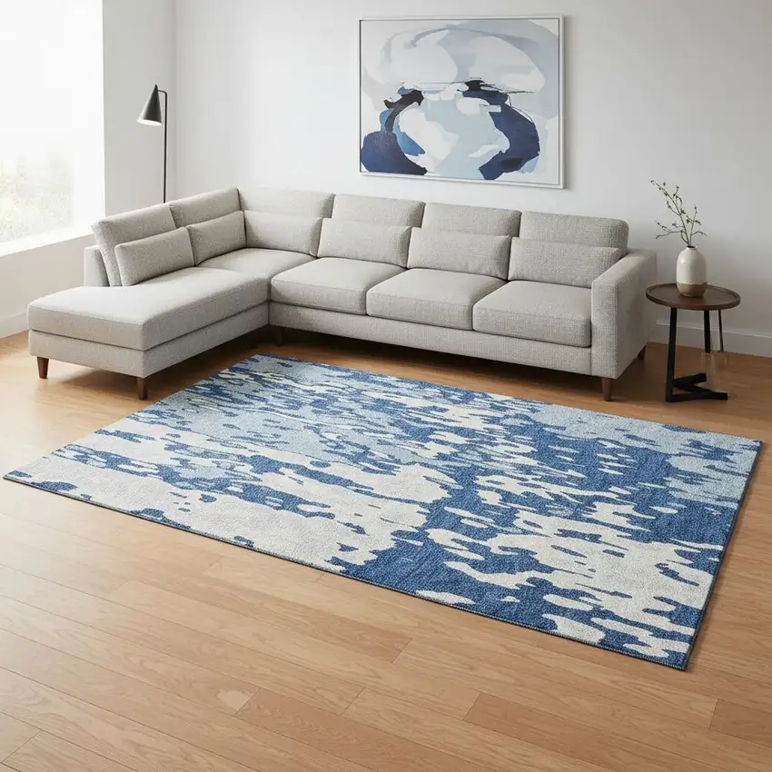 Navy Blue And Ivory Abstract Washable Area Rug With UV Protection Photo 2
