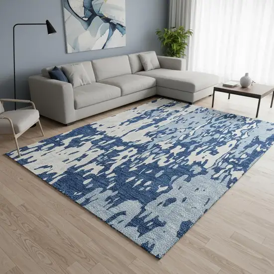 Navy Blue And Ivory Abstract Washable Area Rug With UV Protection Photo 2
