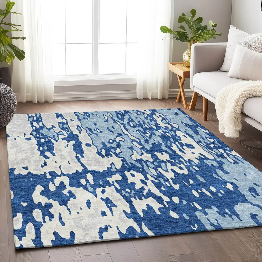 Navy Blue And Ivory Abstract Washable Area Rug With UV Protection Photo 4