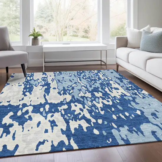 Navy Blue And Ivory Abstract Washable Area Rug With UV Protection Photo 5