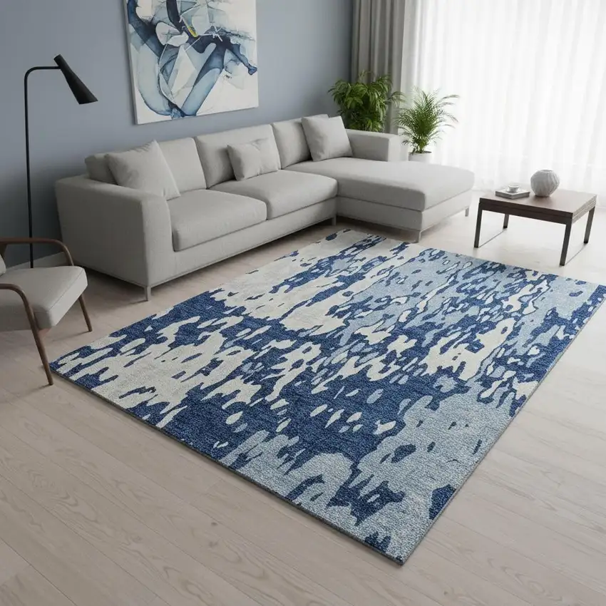 Navy Blue And Ivory Abstract Washable Area Rug With UV Protection Photo 2