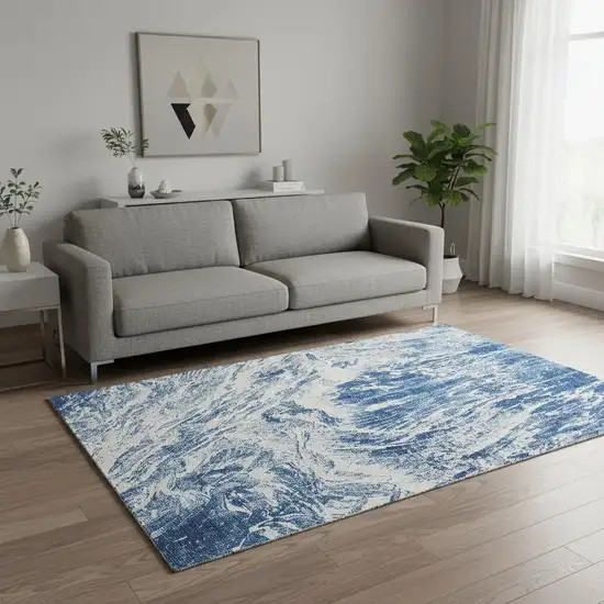 Navy Blue And Ivory Abstract Washable Area Rug With UV Protection Photo 2