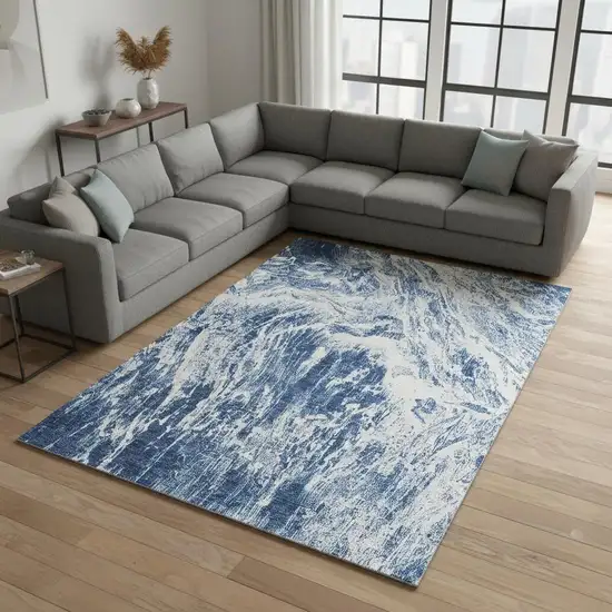 Navy Blue And Ivory Abstract Washable Area Rug With UV Protection Photo 2