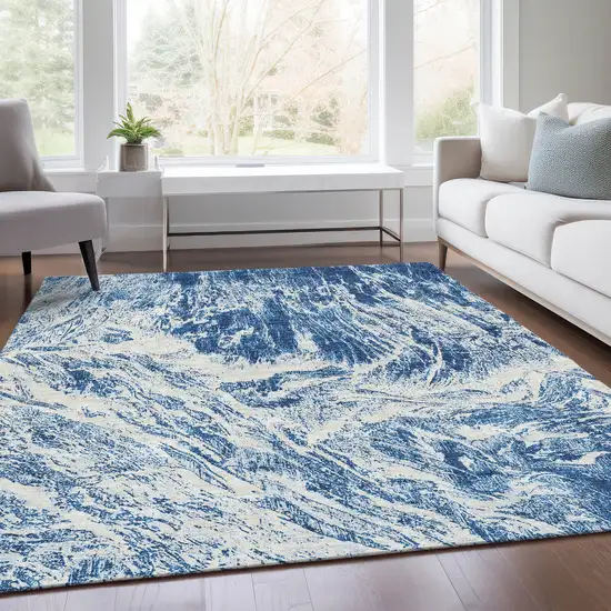 Navy Blue And Ivory Abstract Washable Area Rug With UV Protection Photo 5