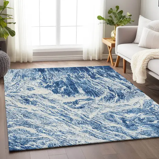 Navy Blue And Ivory Abstract Washable Area Rug With UV Protection Photo 4