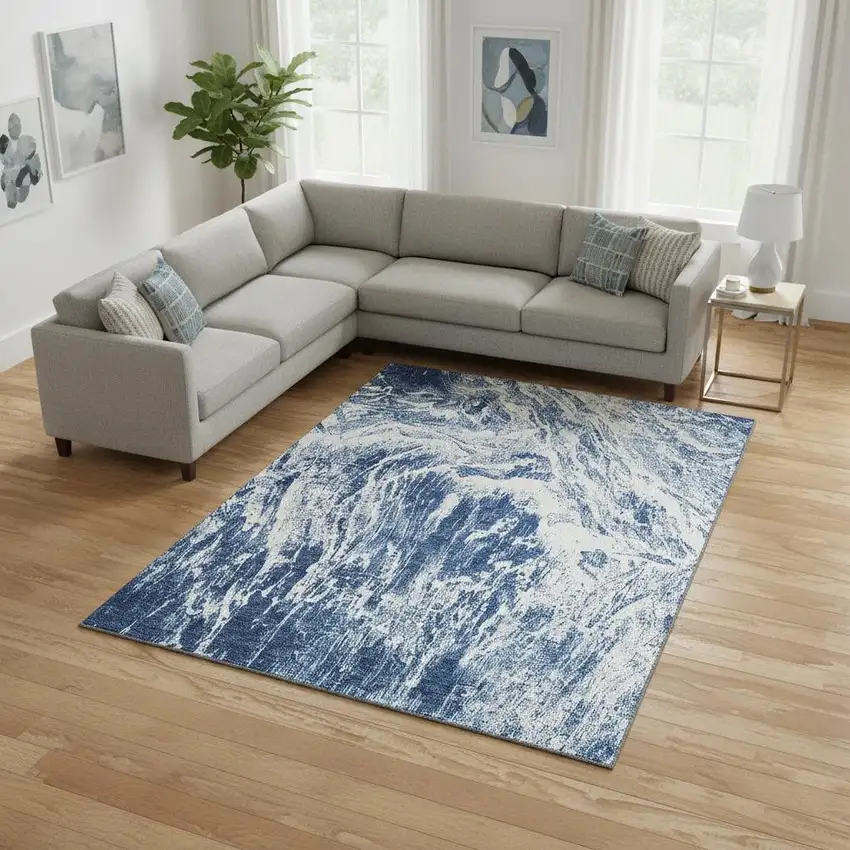 Navy Blue And Ivory Abstract Washable Area Rug With UV Protection Photo 2