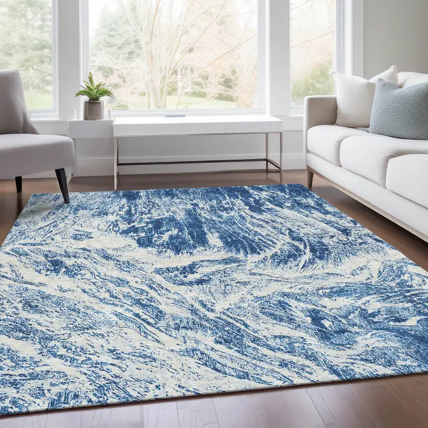 Navy Blue And Ivory Abstract Washable Area Rug With UV Protection Photo 5