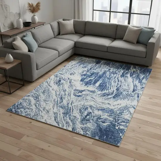 Navy Blue And Ivory Abstract Washable Area Rug With UV Protection Photo 2
