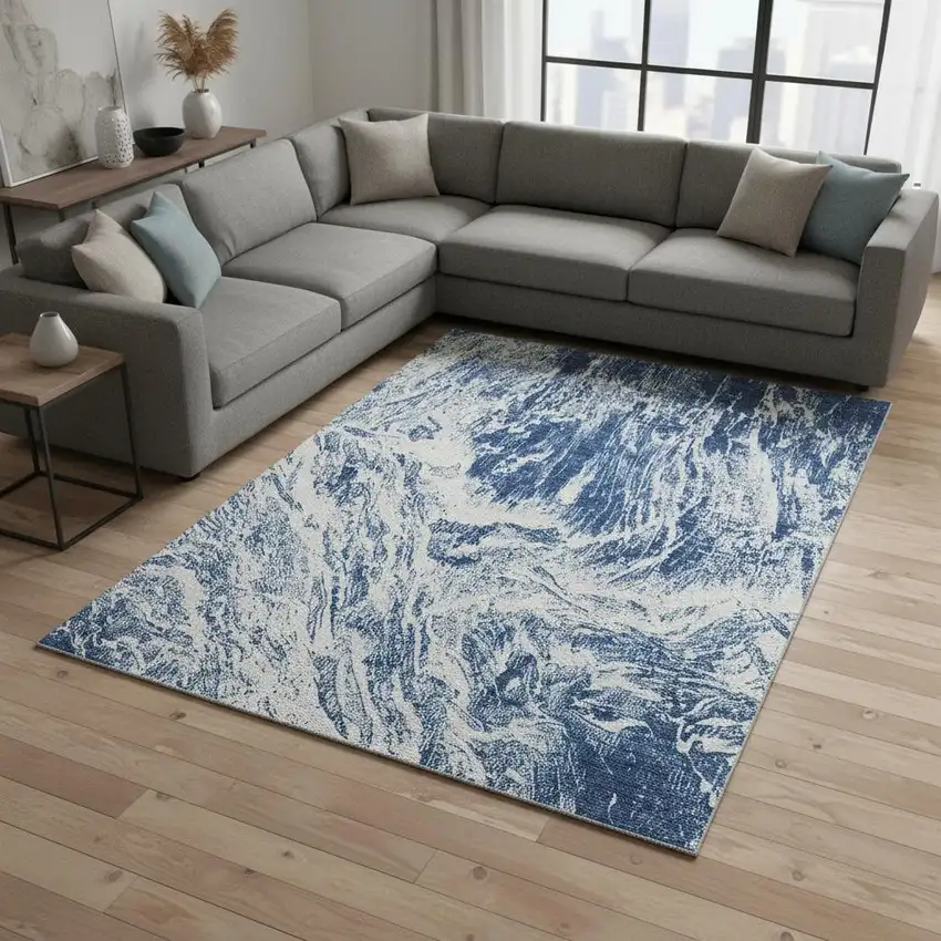 Navy Blue And Ivory Abstract Washable Area Rug With UV Protection Photo 2