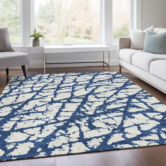 Navy Blue And Ivory Abstract Washable Area Rug With UV Protection Photo 6