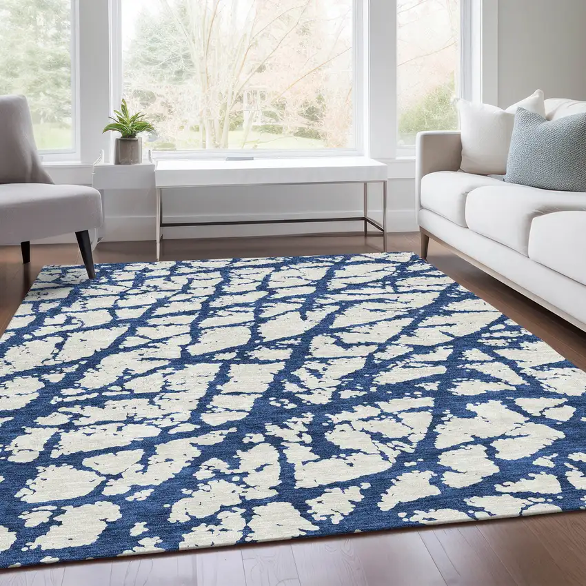 Navy Blue And Ivory Abstract Washable Area Rug With UV Protection Photo 6