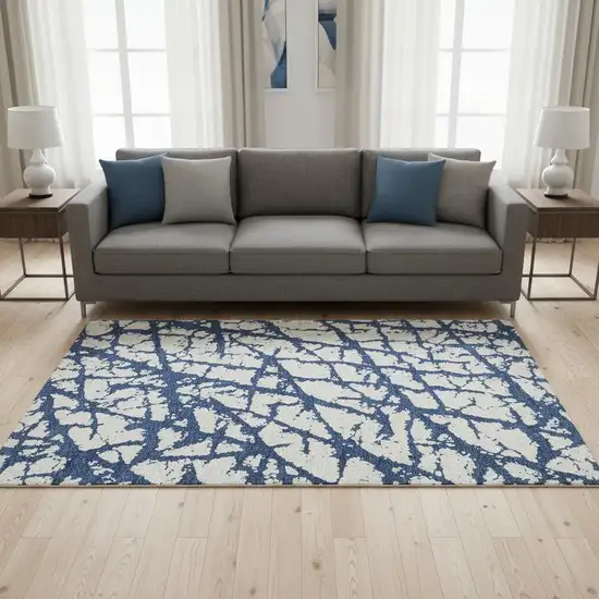 Navy Blue And Ivory Abstract Washable Area Rug With UV Protection Photo 2