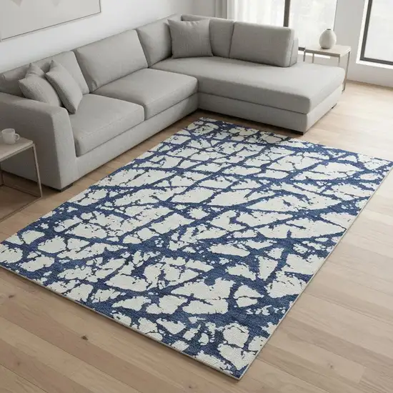 Navy Blue And Ivory Abstract Washable Area Rug With UV Protection Photo 2