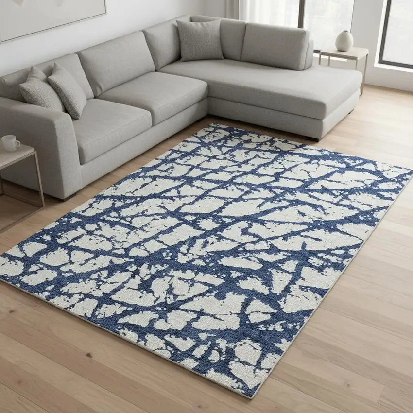 Navy Blue And Ivory Abstract Washable Area Rug With UV Protection Photo 2