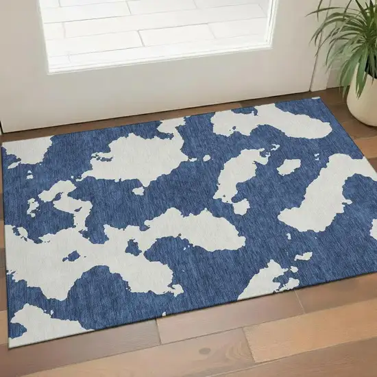 Navy Blue And Ivory Abstract Washable Area Rug With UV Protection Photo 2