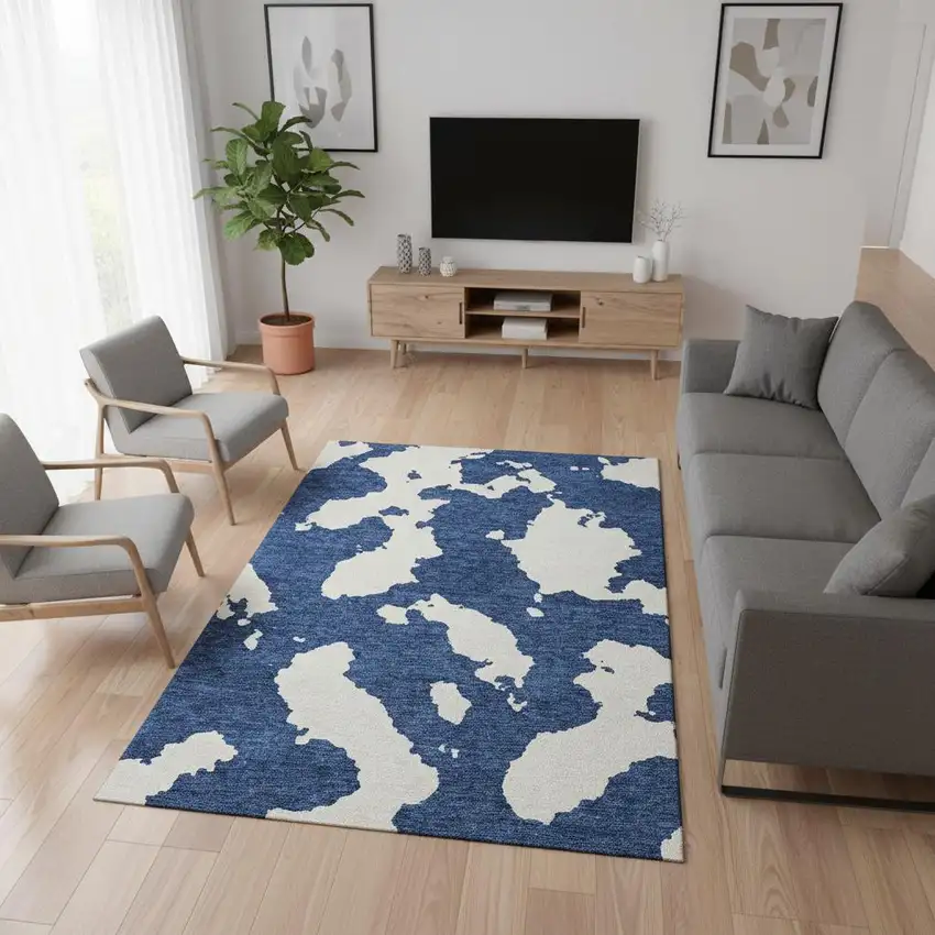 Navy Blue And Ivory Abstract Washable Area Rug With UV Protection Photo 2