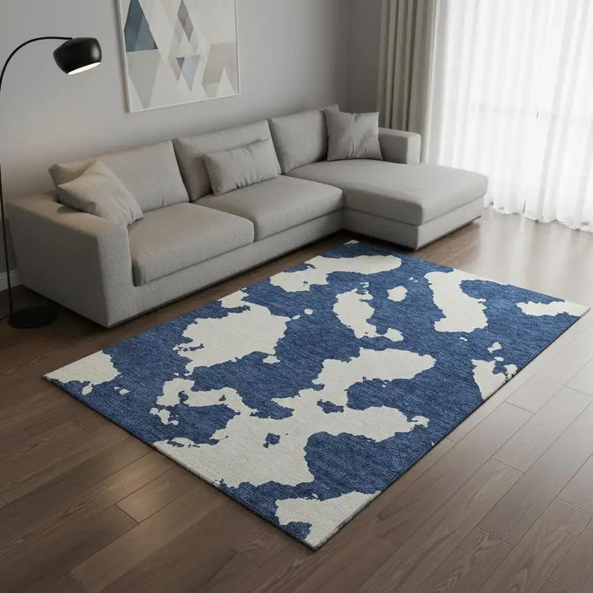 Navy Blue And Ivory Abstract Washable Area Rug With UV Protection Photo 2