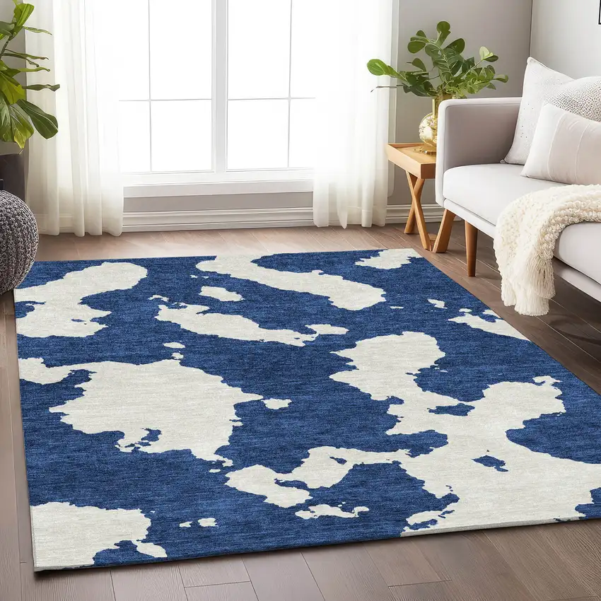 Navy Blue And Ivory Abstract Washable Area Rug With UV Protection Photo 4