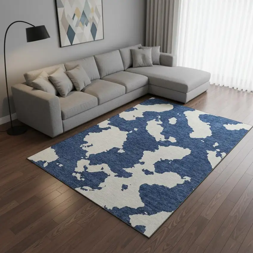 Navy Blue And Ivory Abstract Washable Area Rug With UV Protection Photo 2