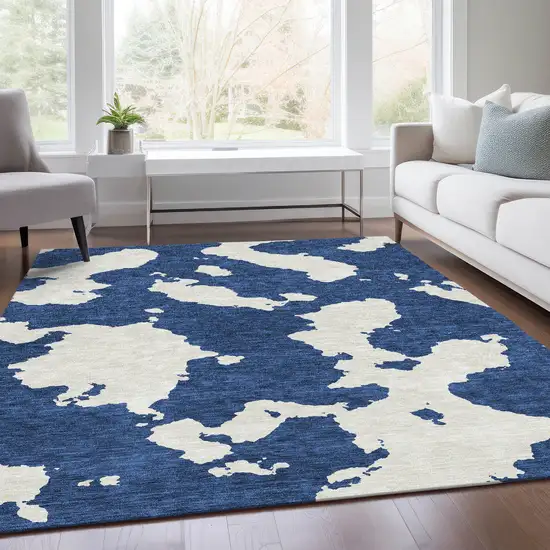Navy Blue And Ivory Abstract Washable Area Rug With UV Protection Photo 5