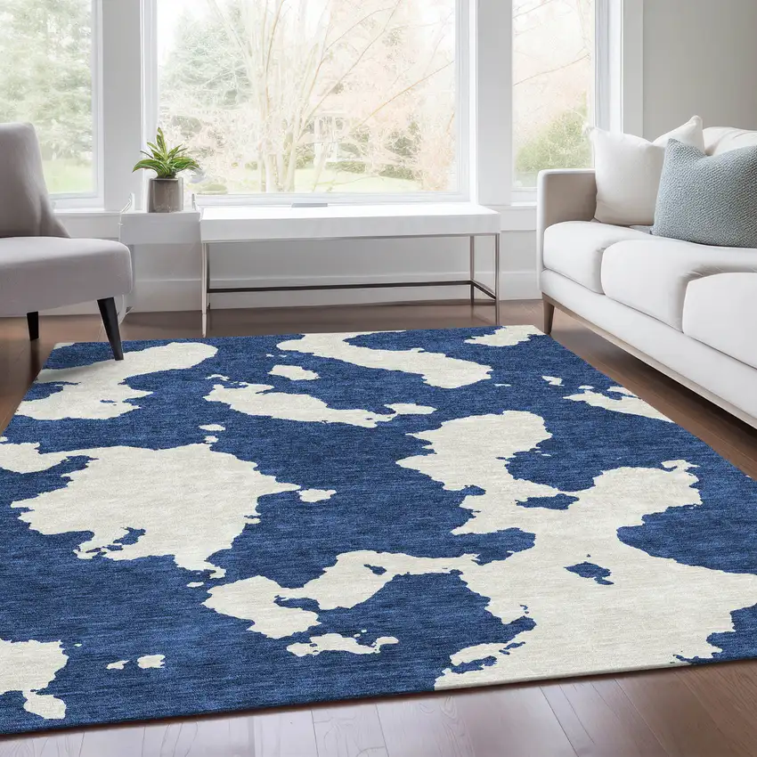 Navy Blue And Ivory Abstract Washable Area Rug With UV Protection Photo 5