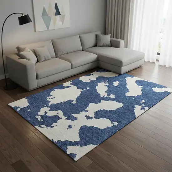 Navy Blue And Ivory Abstract Washable Area Rug With UV Protection Photo 2