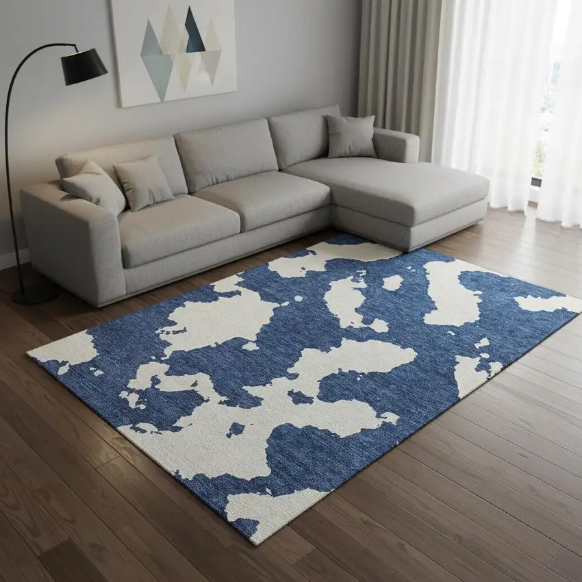 Navy Blue And Ivory Abstract Washable Area Rug With UV Protection Photo 2