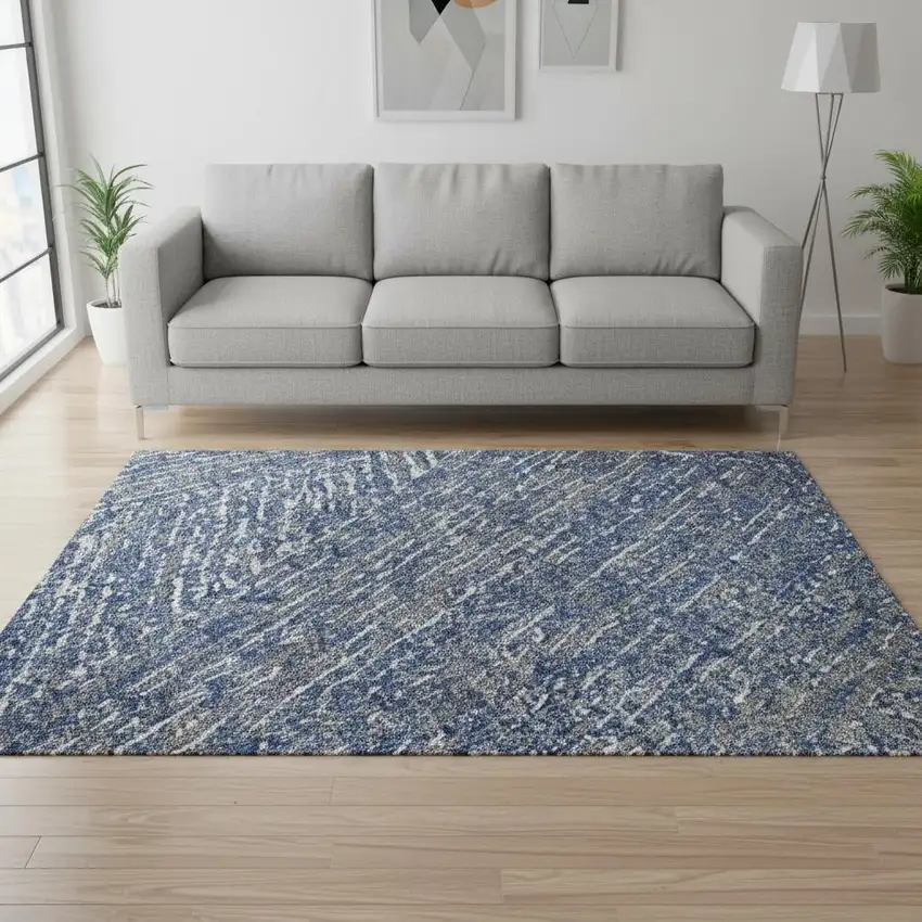 Navy Blue And Ivory Abstract Washable Area Rug With UV Protection Photo 2