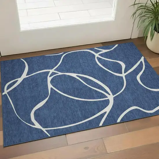 Navy Blue And Ivory Abstract Washable Area Rug With UV Protection Photo 2