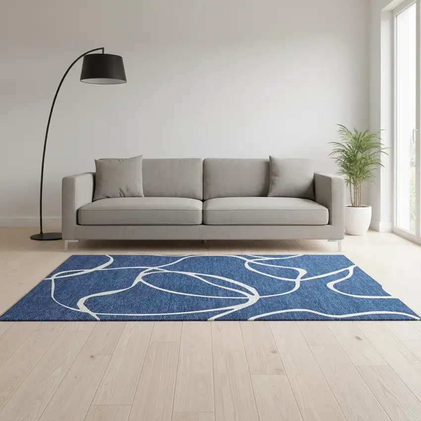 Navy Blue And Ivory Abstract Washable Area Rug With UV Protection Photo 2