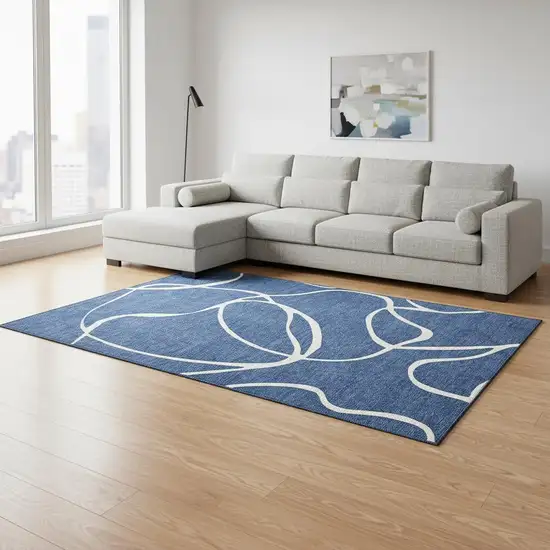 Navy Blue And Ivory Abstract Washable Area Rug With UV Protection Photo 2