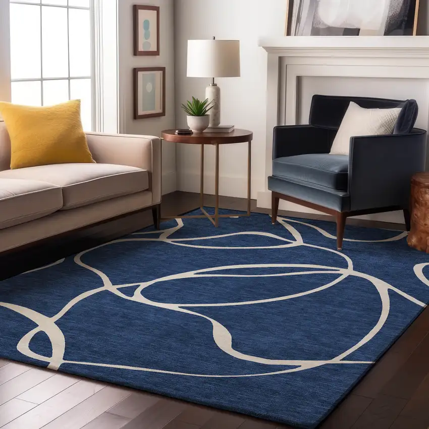 Navy Blue And Ivory Abstract Washable Area Rug With UV Protection Photo 4